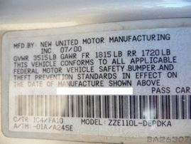 2001 TOYOTA COROLLA LE SILVER 1.8L AT Z17704